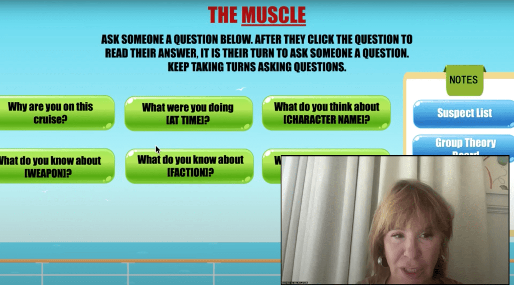 View into woman playing a suspect in killer cruise comedy murder mystery game